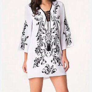 Bebe white black lace up kimono sleeve floral print tunic top dress S/P